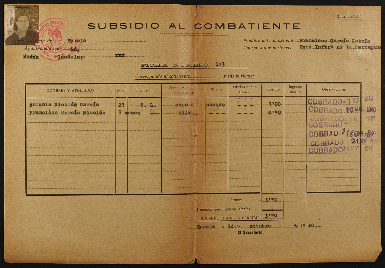 Expediente nº 123/1940 de beneficiario del subsidio al combatiente de  Francisco García García